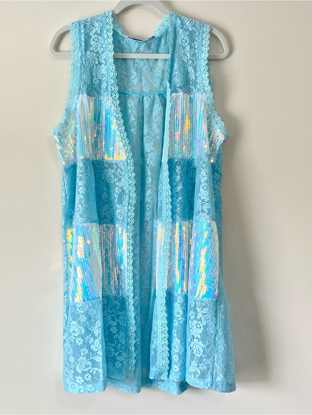 Origami Sky Blue Floral Lace Sequin-Panel Duster Vest